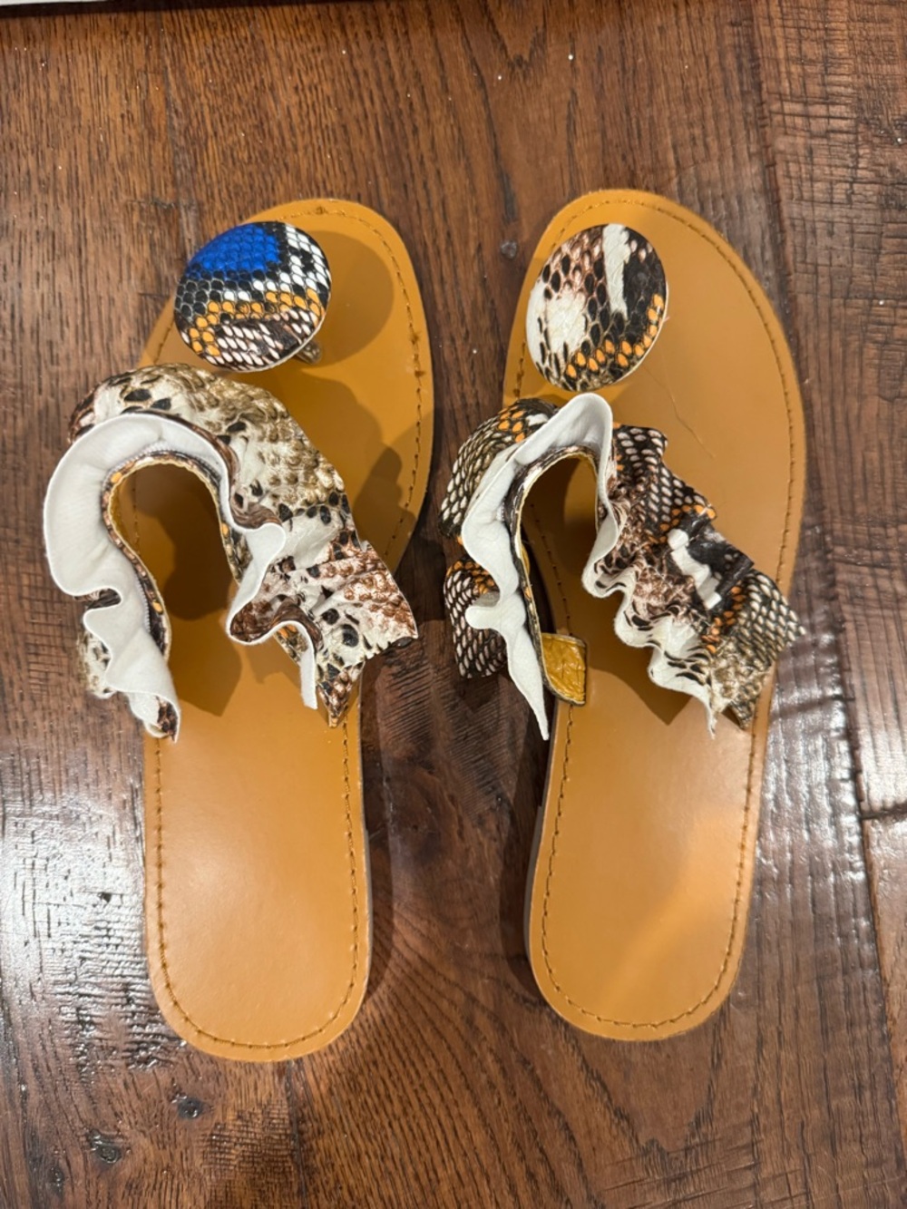 Boutique 9 Tan Slide Sandals with Snake-Print Ruffle and Decorative Disc